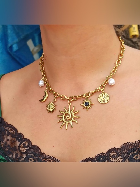 S.Steel Jewelry - Gold Sun Charm Necklace with Pearl Accents - Women Jewelry NWOT